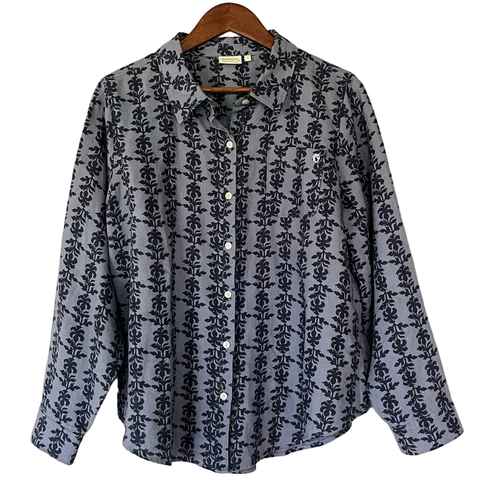 Spartina 449 Callie Linen Bellinger Thistle Denim Blue Floral Button Down Size L - Picture 5 of 11